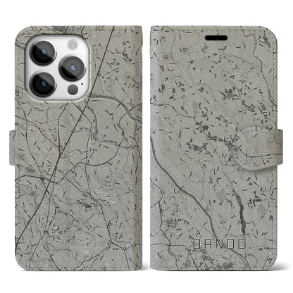 【坂東（茨城県）】地図柄iPhoneケース（手帳タイプ）モノトーン・iPhone 14 Pro 用