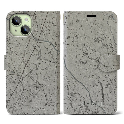 【坂東（茨城県）】地図柄iPhoneケース（手帳タイプ）モノトーン・iPhone 15 用