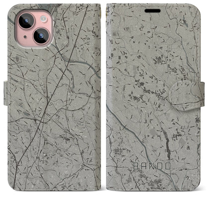 【坂東（茨城県）】地図柄iPhoneケース（手帳タイプ）モノトーン・iPhone 15 Plus 用