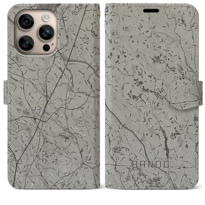 【坂東（茨城県）】地図柄iPhoneケース（手帳タイプ）モノトーン・iPhone 16 Plus 用