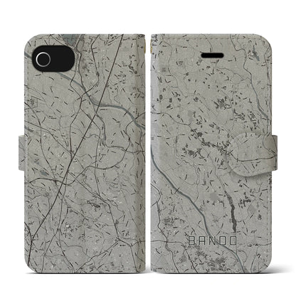 【坂東（茨城県）】地図柄iPhoneケース（手帳タイプ）モノトーン・iPhone SE（第3 / 第2世代） / 8 / 7 / 6s / 6 用