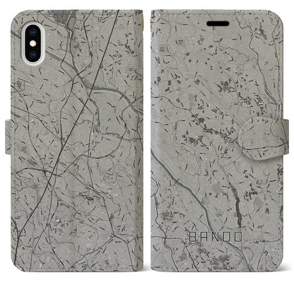 【坂東（茨城県）】地図柄iPhoneケース（手帳タイプ）モノトーン・iPhone XS Max 用