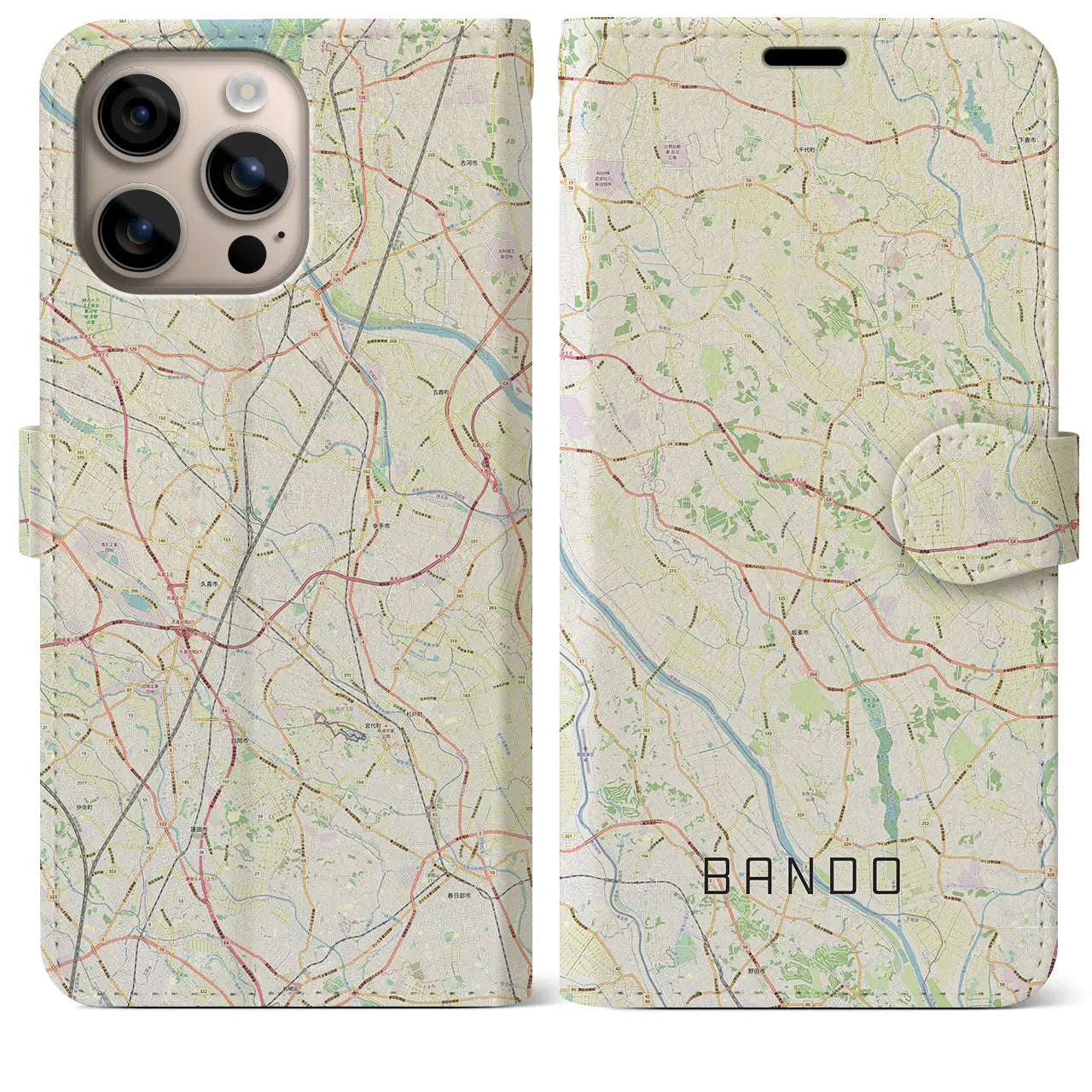 【坂東（茨城県）】地図柄iPhoneケース（手帳タイプ）ナチュラル・iPhone 16 Plus 用