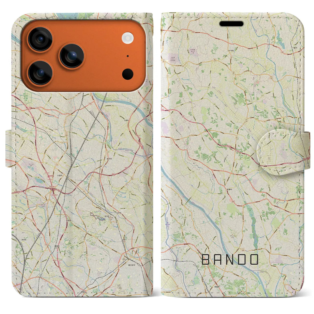 【坂東（茨城県）】地図柄iPhoneケース（手帳タイプ）ナチュラル・iPhone 17 Pro Max 用