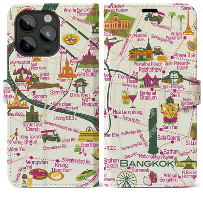 【バンコク（イラスト）】イラストマップiPhoneケース（手帳タイプ）ブライト・iPhone 15 Pro Max 用