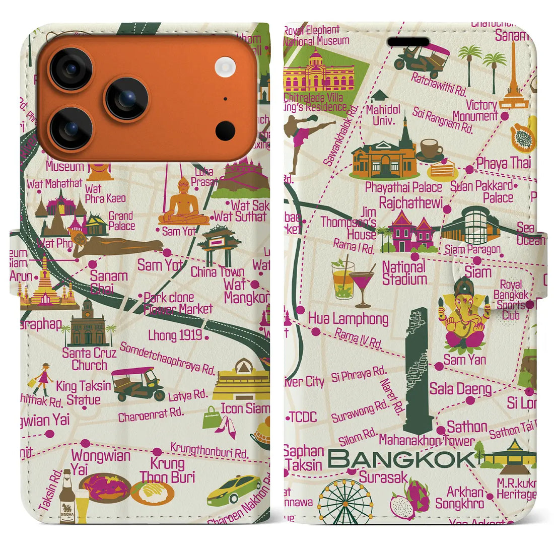 【バンコク（イラスト）】イラストマップiPhoneケース（手帳タイプ）ブライト・iPhone 17 Pro Max 用