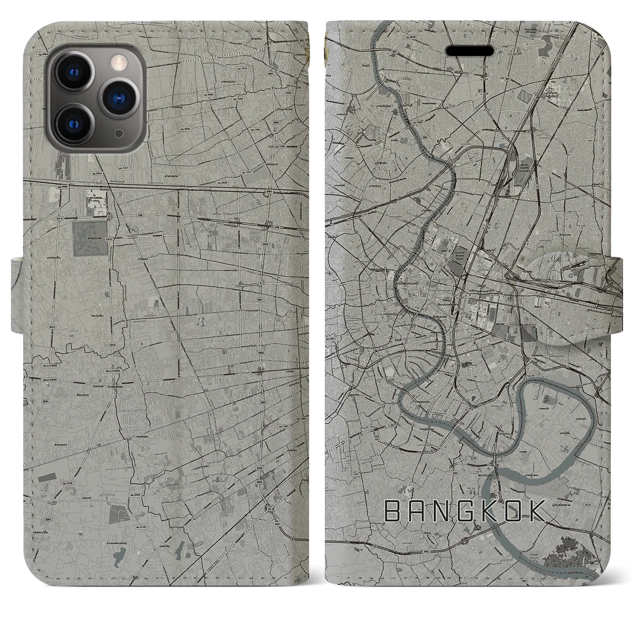 【バンコク】地図柄iPhoneケース（手帳両面タイプ・モノトーン）iPhone 11 Pro Max 用