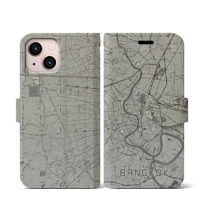 【バンコク（タイ）】地図柄iPhoneケース（手帳タイプ）モノトーン・iPhone 13 mini 用