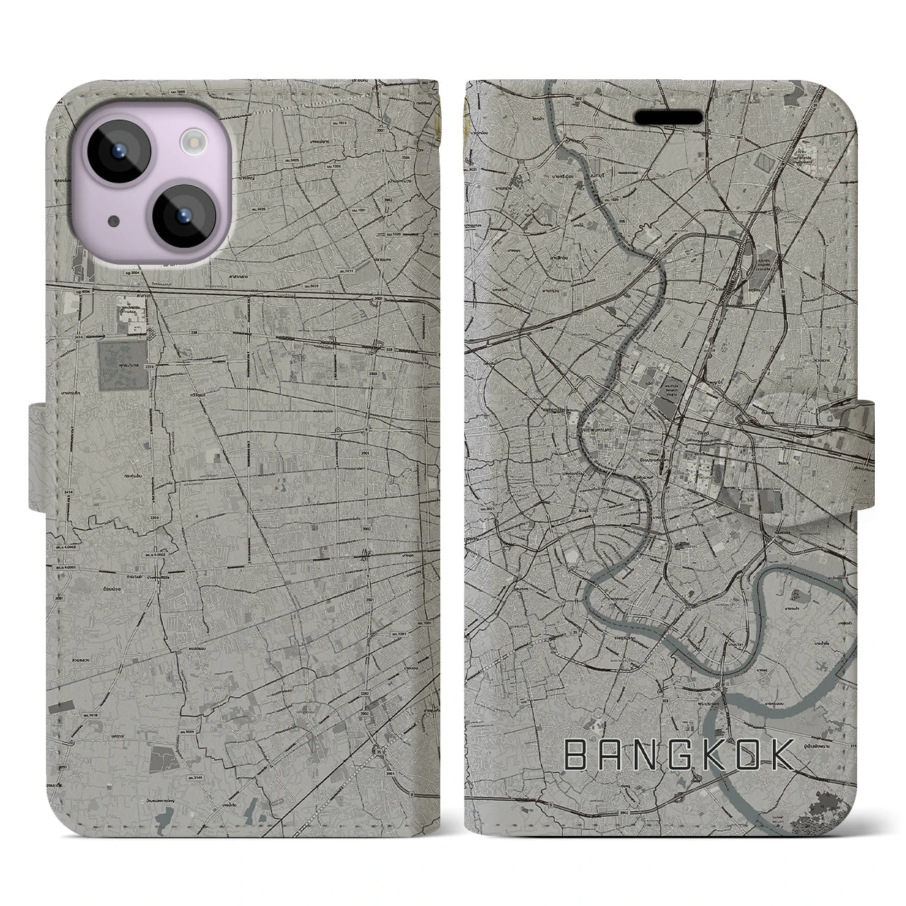 【バンコク】地図柄iPhoneケース（手帳両面タイプ・モノトーン）iPhone 14 用
