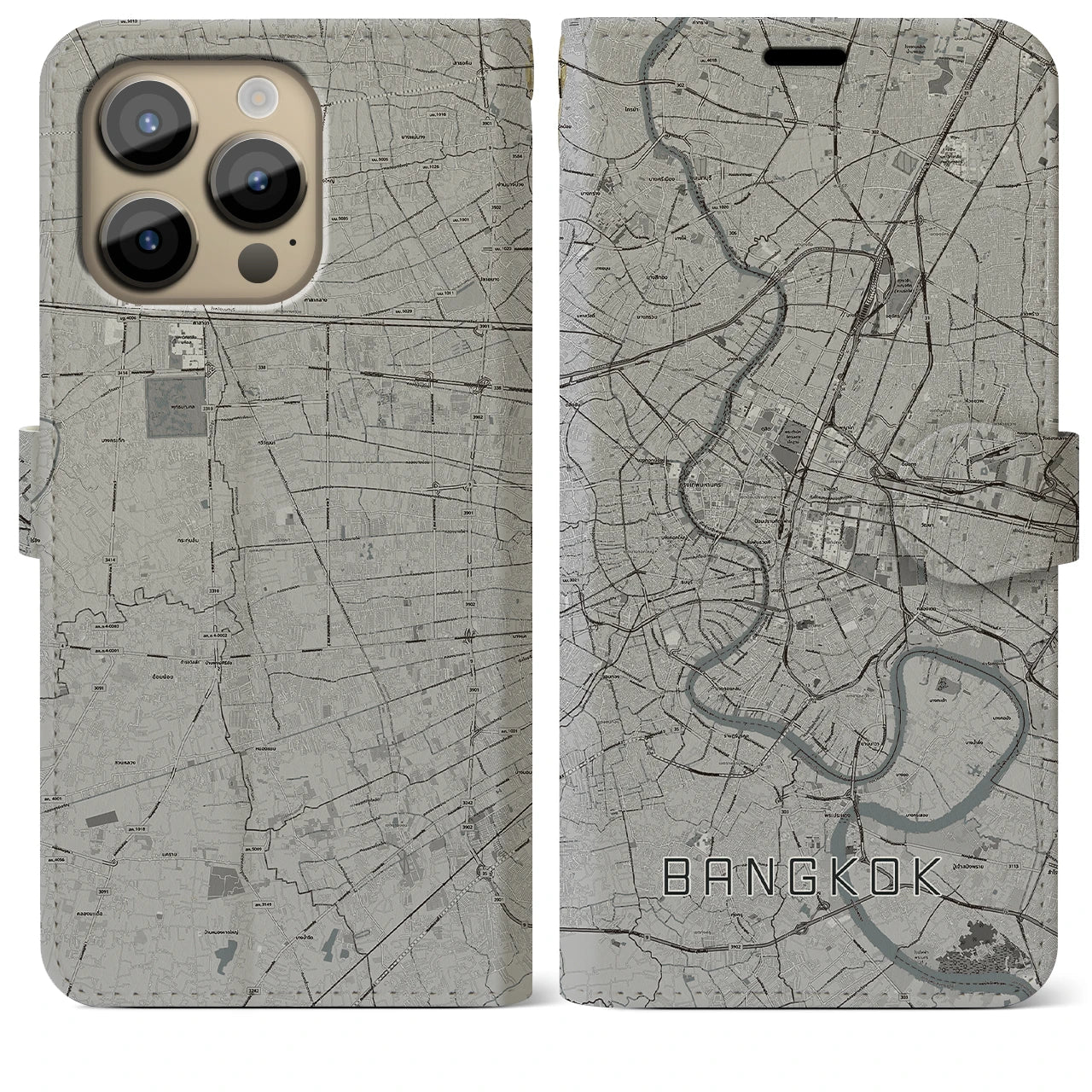 【バンコク】地図柄iPhoneケース（手帳両面タイプ・モノトーン）iPhone 14 Pro Max 用