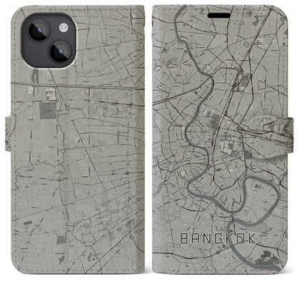 【バンコク（タイ）】地図柄iPhoneケース（手帳タイプ）モノトーン・iPhone 14 Plus 用
