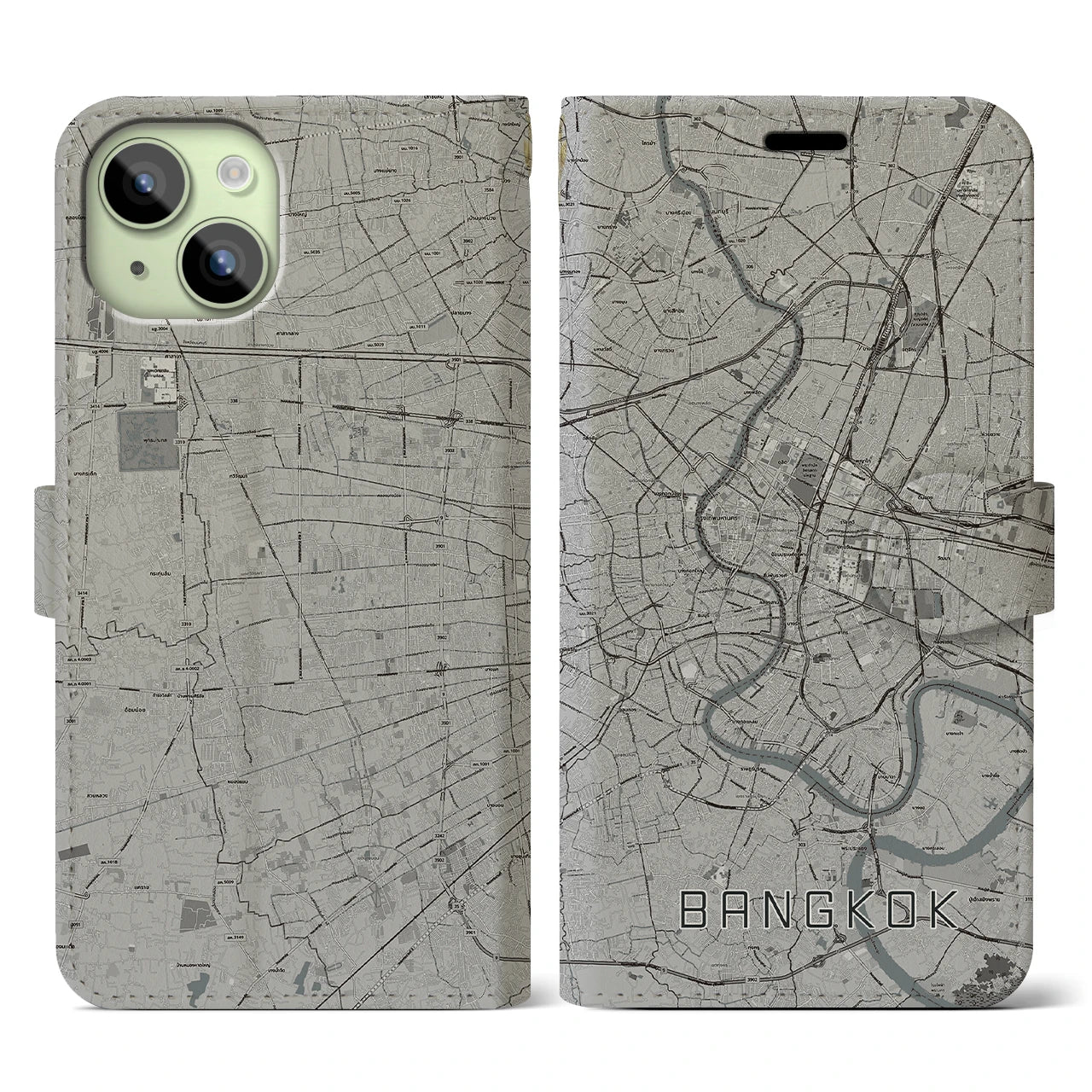 【バンコク】地図柄iPhoneケース（手帳両面タイプ・モノトーン）iPhone 15 用
