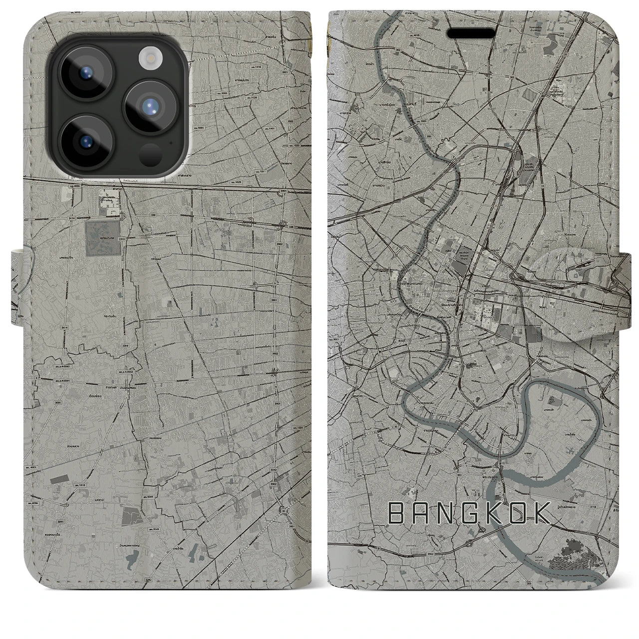 【バンコク】地図柄iPhoneケース（手帳両面タイプ・モノトーン）iPhone 15 Pro Max 用