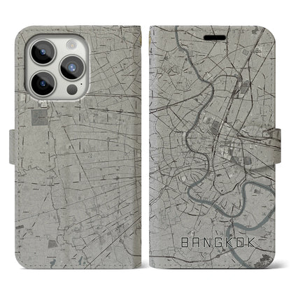 【バンコク（タイ）】地図柄iPhoneケース（手帳タイプ）モノトーン・iPhone 15 Pro 用