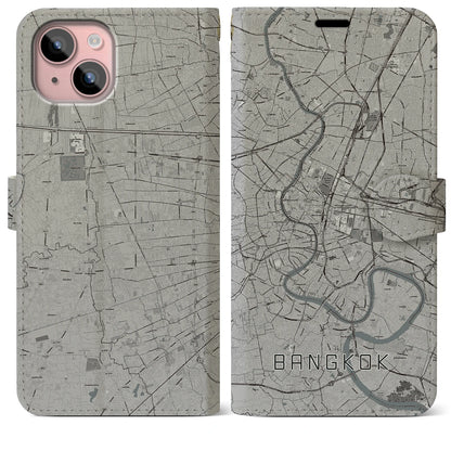 【バンコク（タイ）】地図柄iPhoneケース（手帳タイプ）モノトーン・iPhone 15 Plus 用