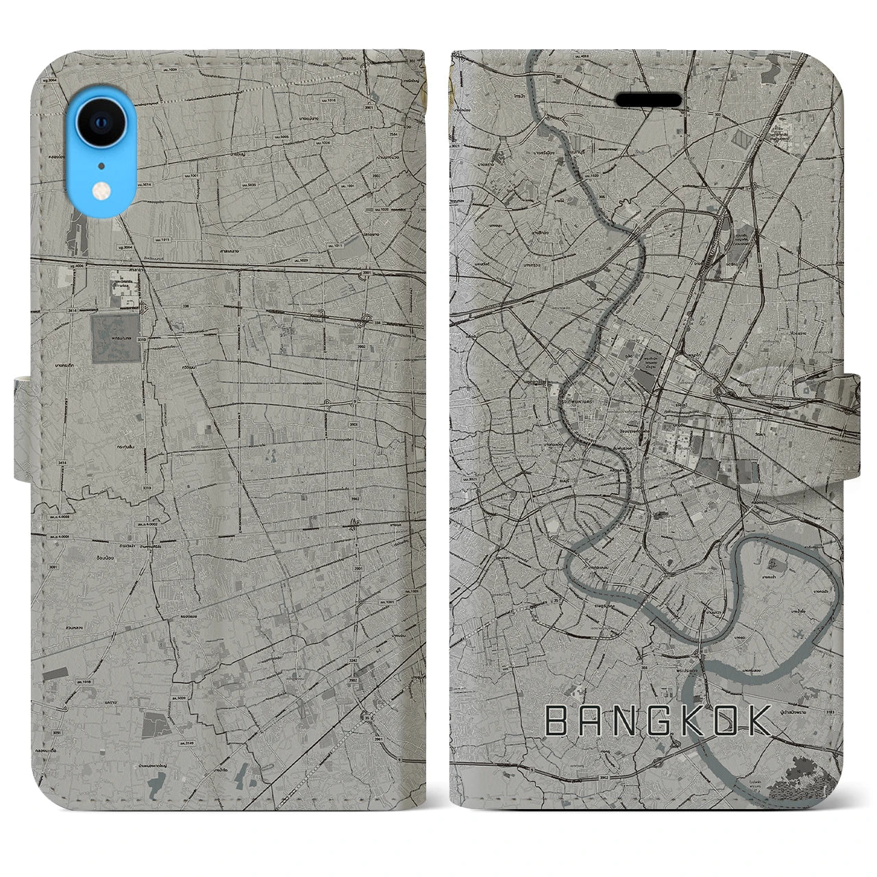 【バンコク】地図柄iPhoneケース（手帳両面タイプ・モノトーン）iPhone XR 用