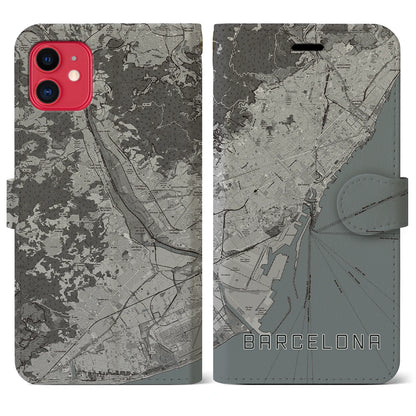【バルセロナ（スペイン）】地図柄iPhoneケース（手帳タイプ）モノトーン・iPhone 11 用