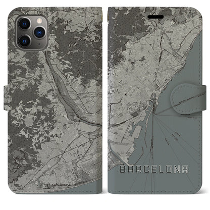 【バルセロナ（スペイン）】地図柄iPhoneケース（手帳タイプ）モノトーン・iPhone 11 Pro Max 用