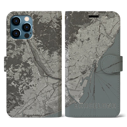 【バルセロナ（スペイン）】地図柄iPhoneケース（手帳タイプ）モノトーン・iPhone 12 / 12 Pro 用