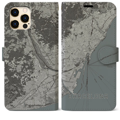 【バルセロナ（スペイン）】地図柄iPhoneケース（手帳タイプ）モノトーン・iPhone 12 Pro Max 用