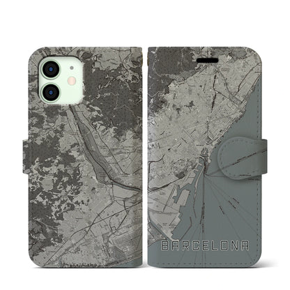 【バルセロナ（スペイン）】地図柄iPhoneケース（手帳タイプ）モノトーン・iPhone 12 mini 用