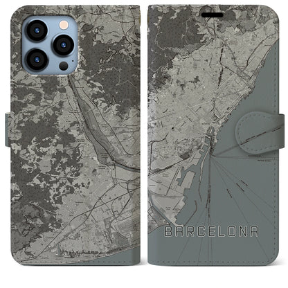 【バルセロナ（スペイン）】地図柄iPhoneケース（手帳タイプ）モノトーン・iPhone 13 Pro Max 用