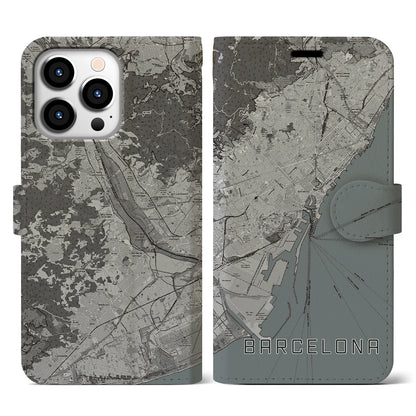 【バルセロナ（スペイン）】地図柄iPhoneケース（手帳タイプ）モノトーン・iPhone 13 Pro 用