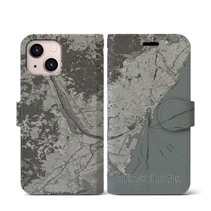 【バルセロナ（スペイン）】地図柄iPhoneケース（手帳タイプ）モノトーン・iPhone 13 mini 用