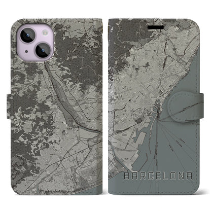 【バルセロナ（スペイン）】地図柄iPhoneケース（手帳タイプ）モノトーン・iPhone 14 用