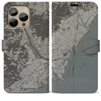 【バルセロナ（スペイン）】地図柄iPhoneケース（手帳タイプ）モノトーン・iPhone 14 Pro Max 用