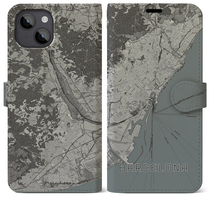 【バルセロナ（スペイン）】地図柄iPhoneケース（手帳タイプ）モノトーン・iPhone 14 Plus 用
