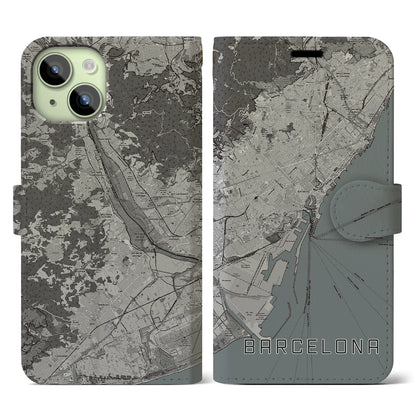 【バルセロナ（スペイン）】地図柄iPhoneケース（手帳タイプ）モノトーン・iPhone 15 用