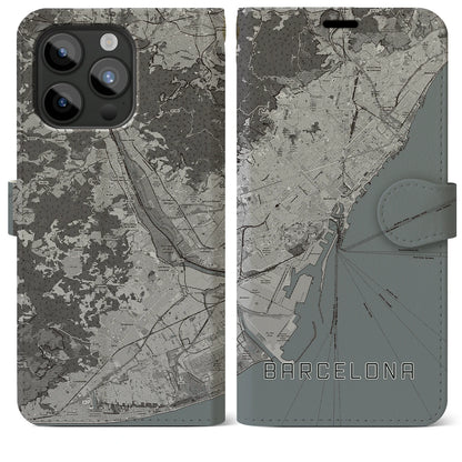 【バルセロナ（スペイン）】地図柄iPhoneケース（手帳タイプ）モノトーン・iPhone 15 Pro Max 用
