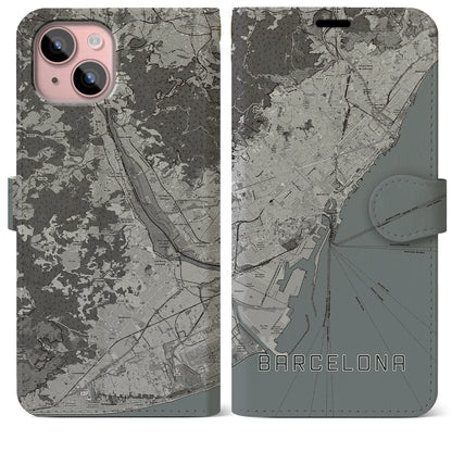 【バルセロナ（スペイン）】地図柄iPhoneケース（手帳タイプ）モノトーン・iPhone 15 Plus 用