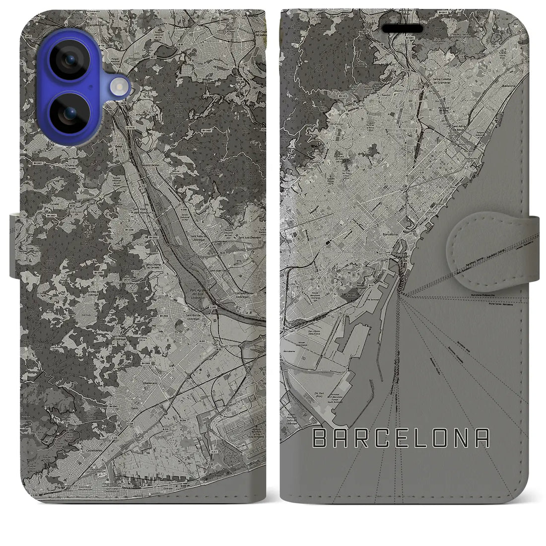 【バルセロナ(スペイン)】地図柄iPhoneケース(手帳タイプ)モノトーン・iPhone 16 Pro Max 用