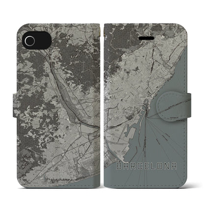 【バルセロナ（スペイン）】地図柄iPhoneケース（手帳タイプ）モノトーン・iPhone SE（第3 / 第2世代） / 8 / 7 / 6s / 6 用