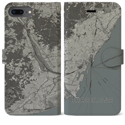 【バルセロナ（スペイン）】地図柄iPhoneケース（手帳タイプ）モノトーン・iPhone 8Plus /7Plus / 6sPlus / 6Plus 用