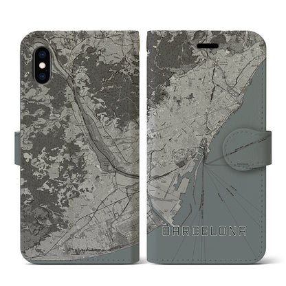 【バルセロナ（スペイン）】地図柄iPhoneケース（手帳タイプ）モノトーン・iPhone XS / X 用