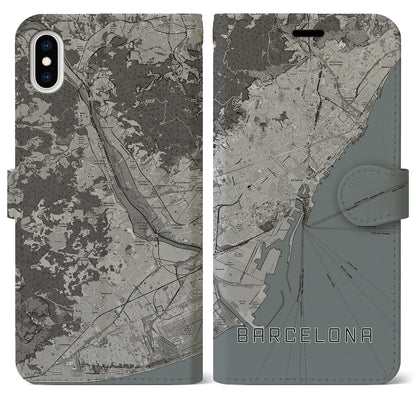 【バルセロナ（スペイン）】地図柄iPhoneケース（手帳タイプ）モノトーン・iPhone XS Max 用
