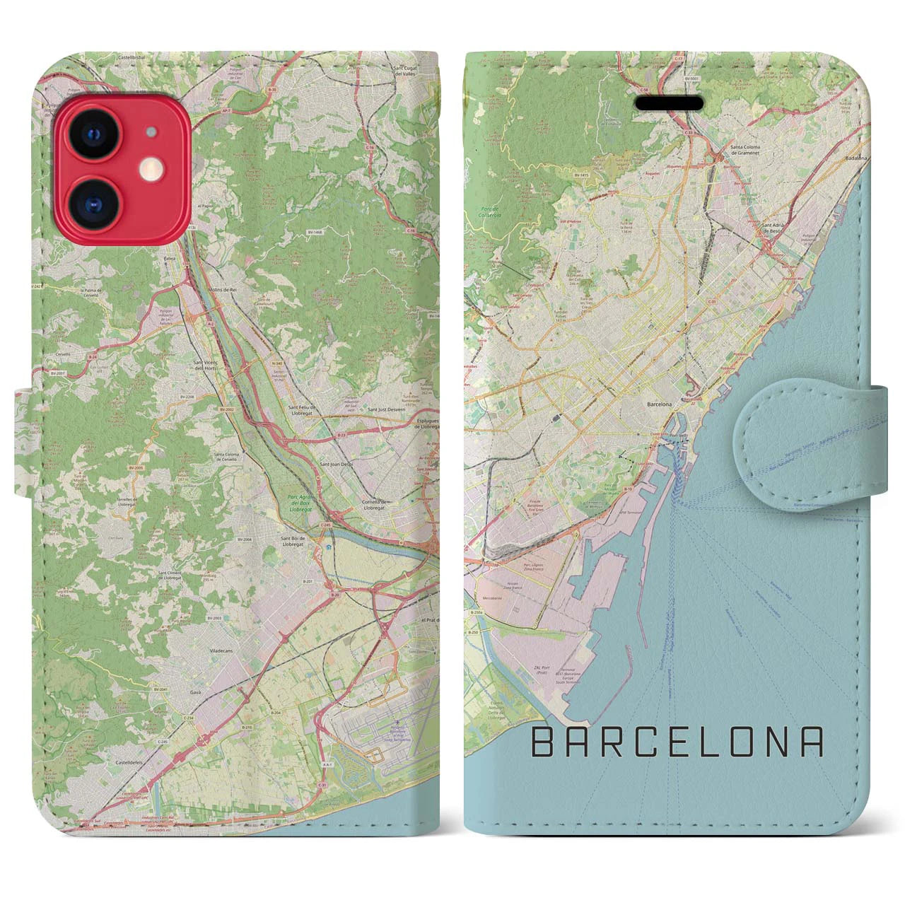 【バルセロナ】地図柄iPhoneケース（手帳両面タイプ・ナチュラル）iPhone 11 用