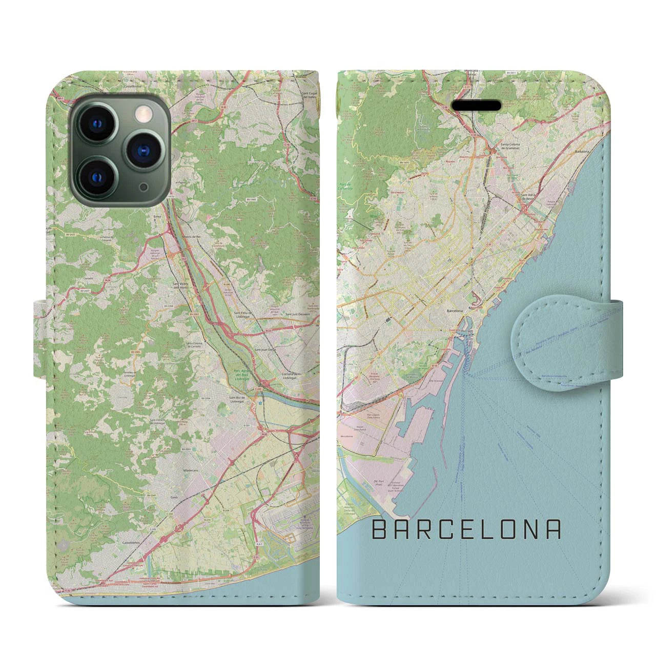【バルセロナ】地図柄iPhoneケース（手帳両面タイプ・ナチュラル）iPhone 11 Pro 用