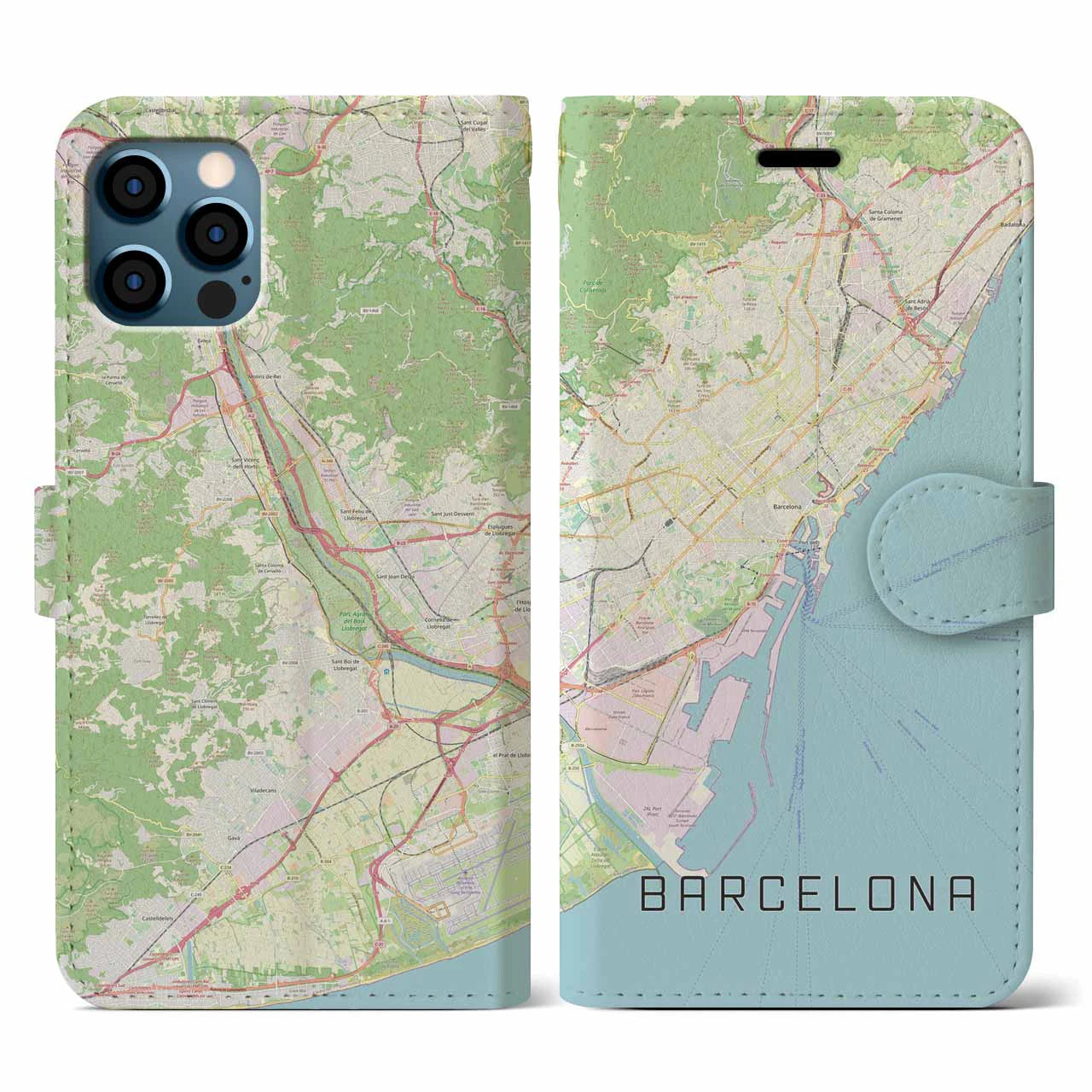 【バルセロナ】地図柄iPhoneケース（手帳両面タイプ・ナチュラル）iPhone 12 / 12 Pro 用