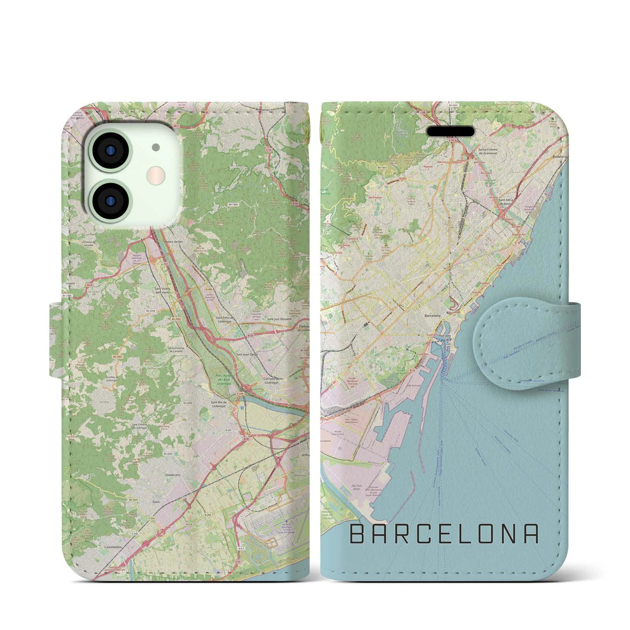 【バルセロナ】地図柄iPhoneケース（手帳両面タイプ・ナチュラル）iPhone 12 mini 用