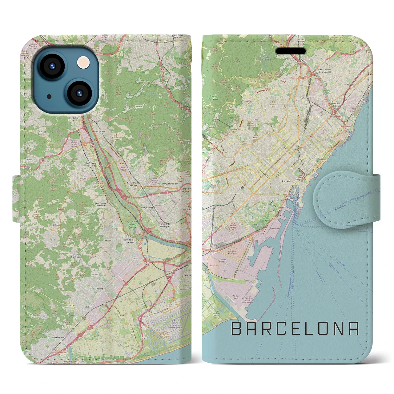 【バルセロナ】地図柄iPhoneケース（手帳両面タイプ・ナチュラル）iPhone 13 用