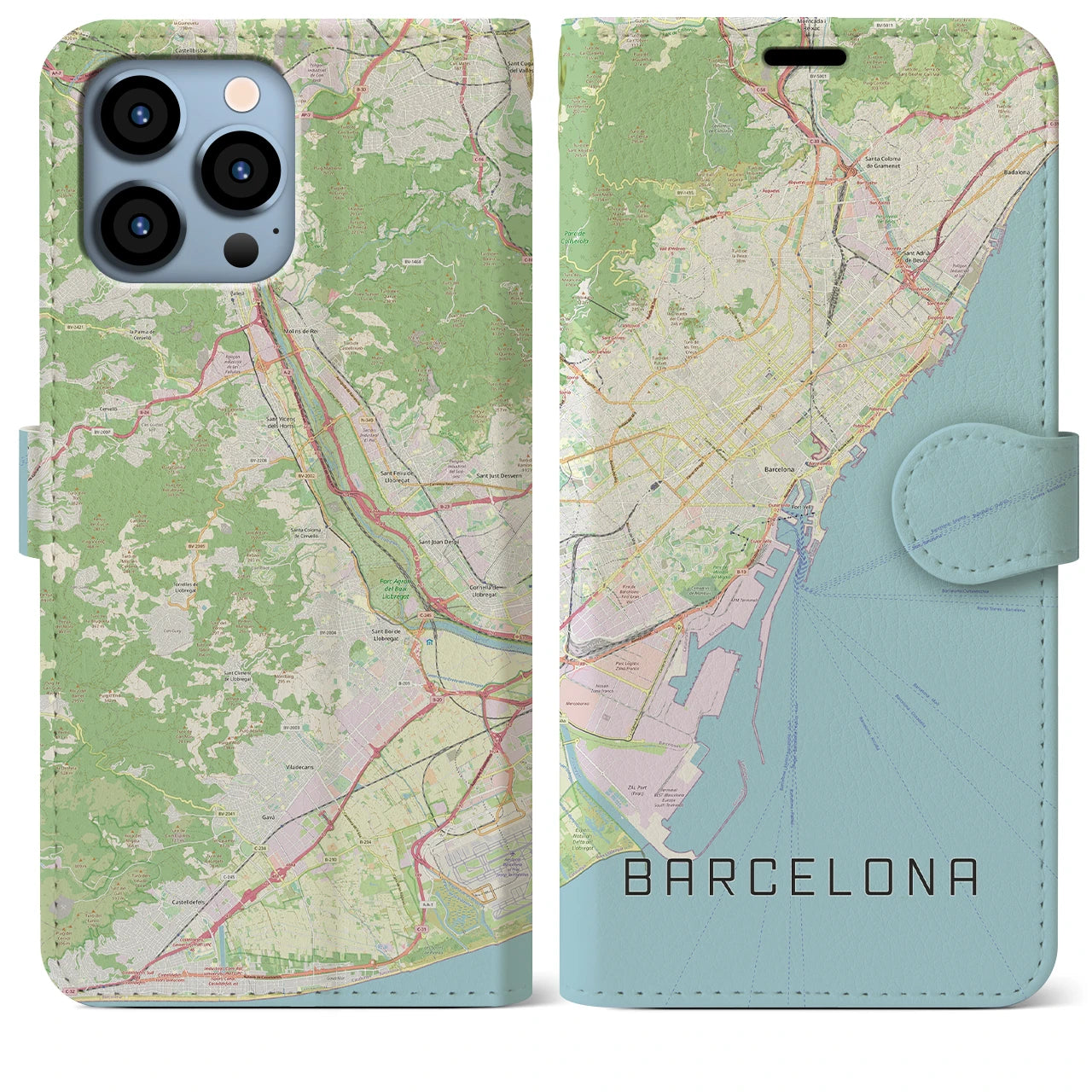 【バルセロナ】地図柄iPhoneケース（手帳両面タイプ・ナチュラル）iPhone 13 Pro Max 用