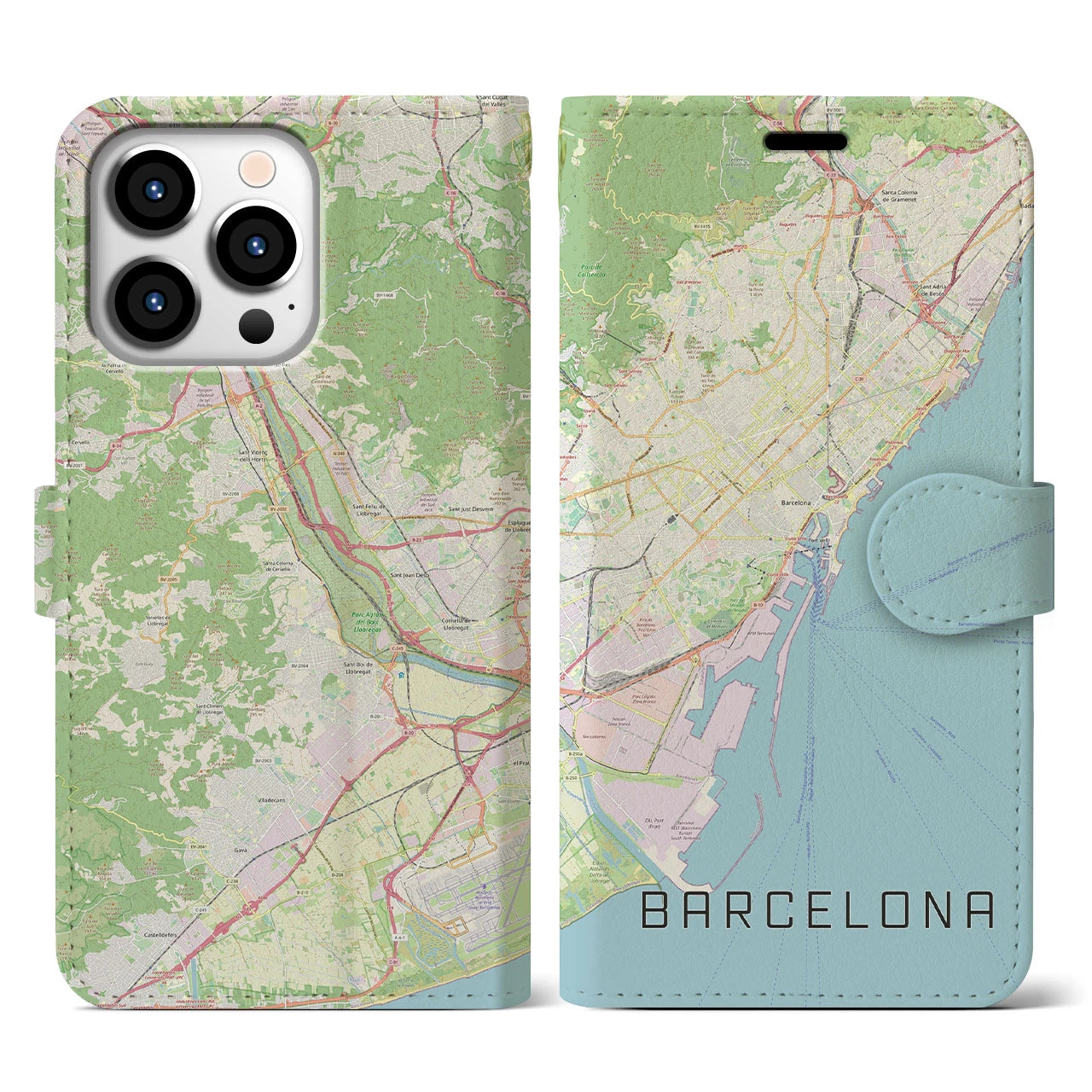 【バルセロナ】地図柄iPhoneケース（手帳両面タイプ・ナチュラル）iPhone 13 Pro 用