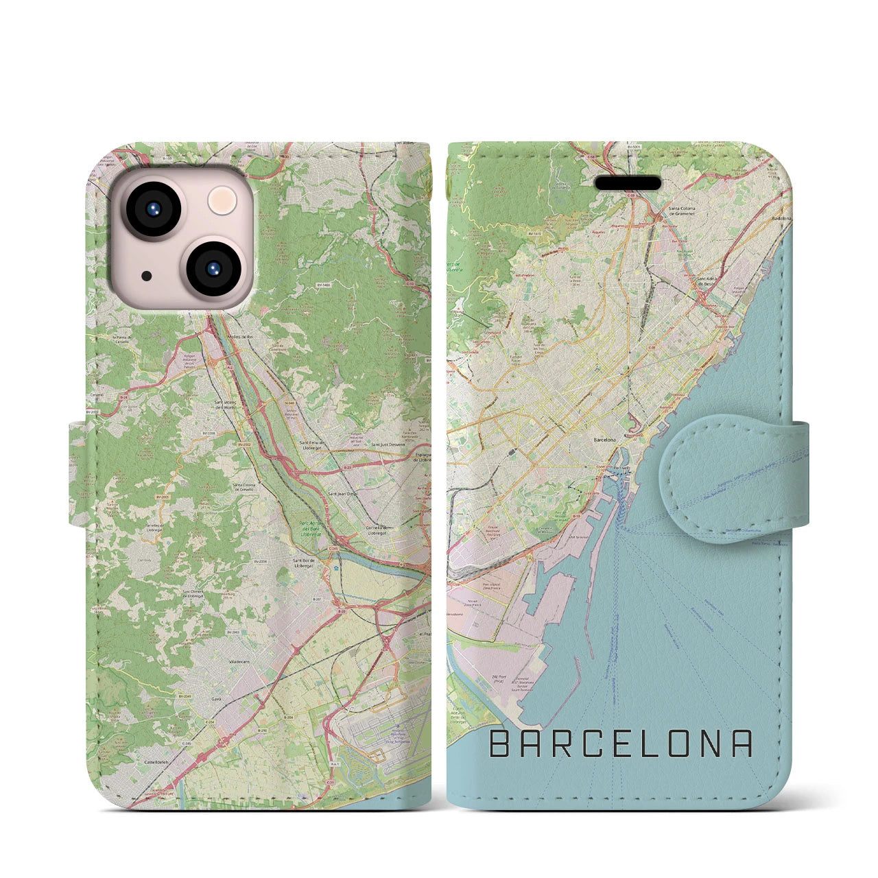 【バルセロナ】地図柄iPhoneケース（手帳両面タイプ・ナチュラル）iPhone 13 mini 用