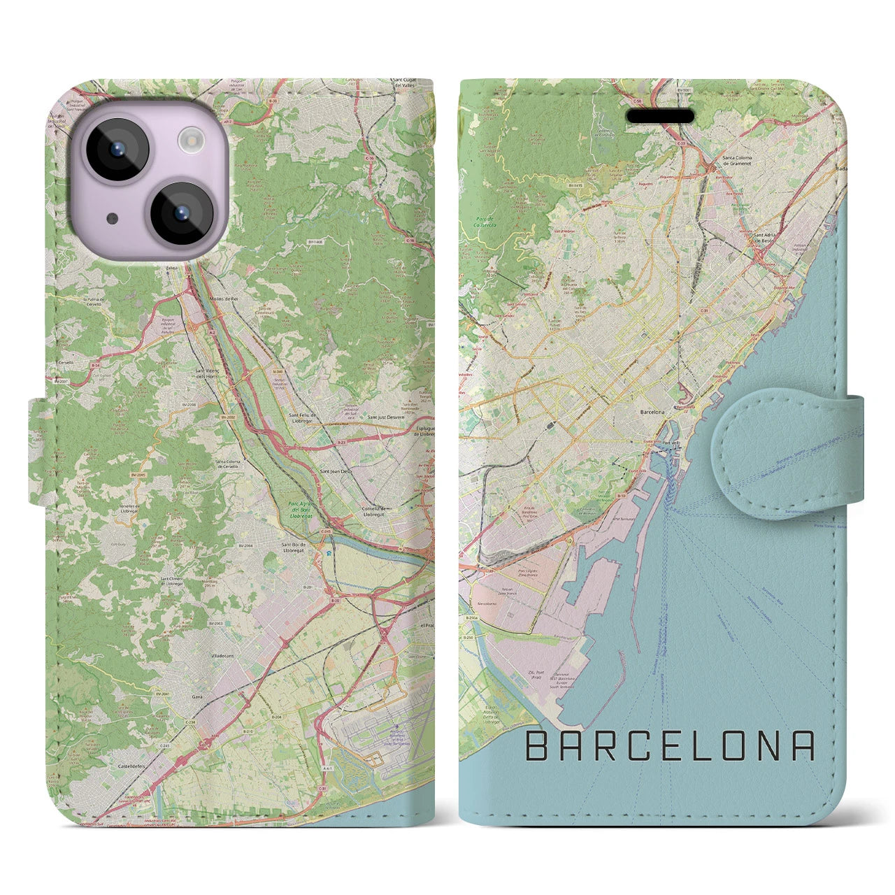 【バルセロナ】地図柄iPhoneケース（手帳両面タイプ・ナチュラル）iPhone 14 用