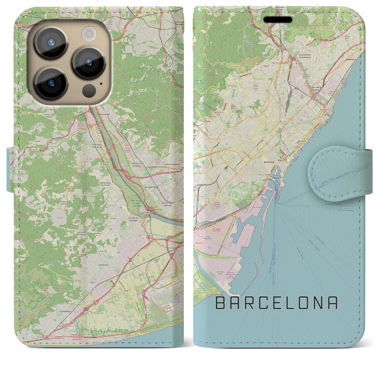【バルセロナ】地図柄iPhoneケース（手帳両面タイプ・ナチュラル）iPhone 14 Pro Max 用