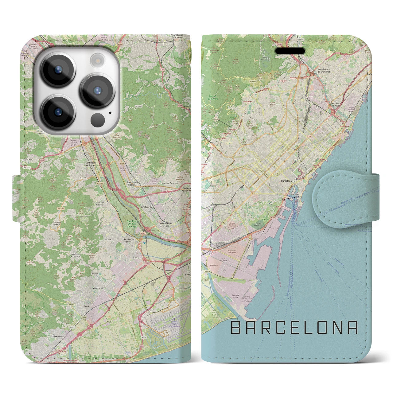 【バルセロナ】地図柄iPhoneケース（手帳両面タイプ・ナチュラル）iPhone 14 Pro 用